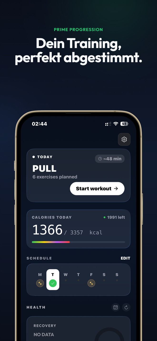 Prime Progression Dashboard mit heutigem Workout, Kalorientracking, Wochenplan und Gesundheitsdaten