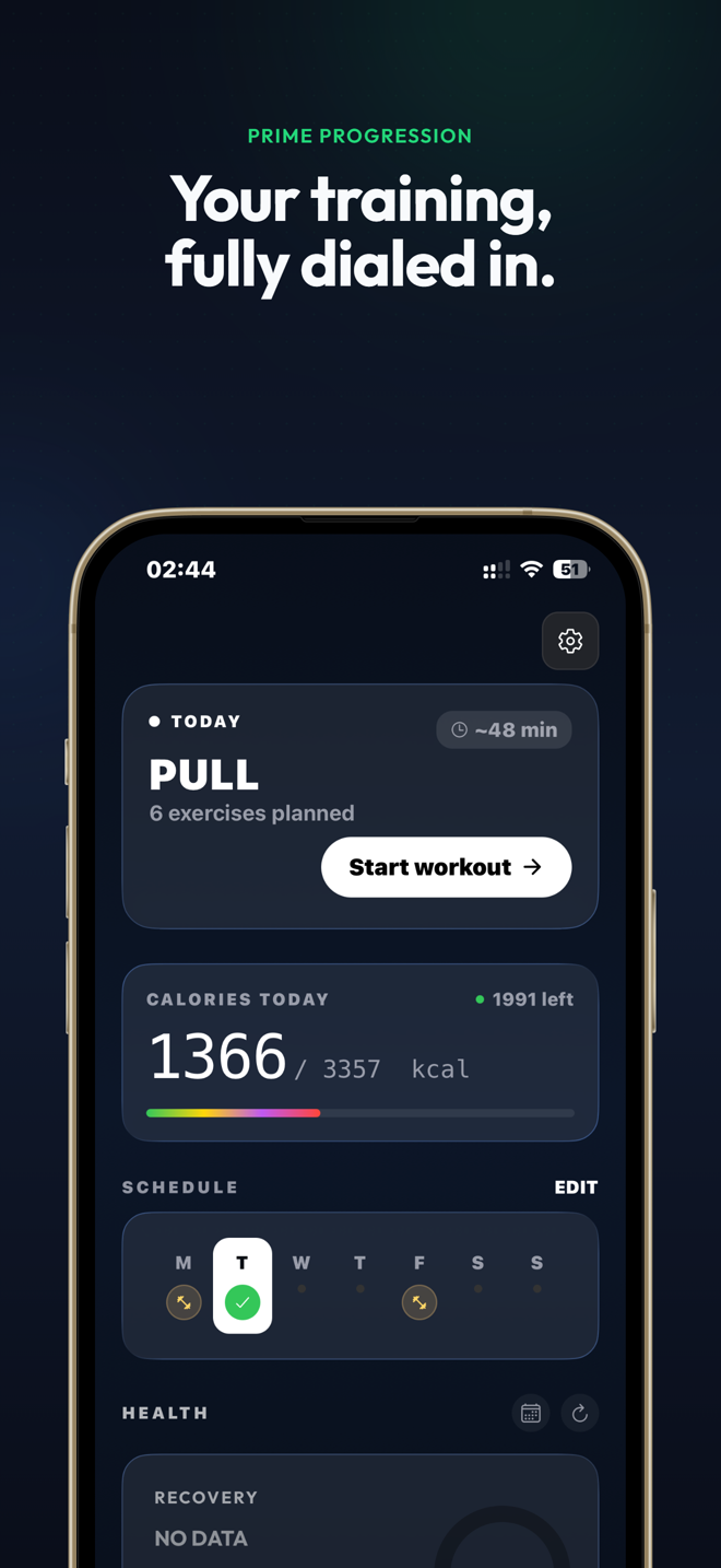 Prime Progression dashboard showing today's workout, calorie tracking, weekly schedule, and health metrics