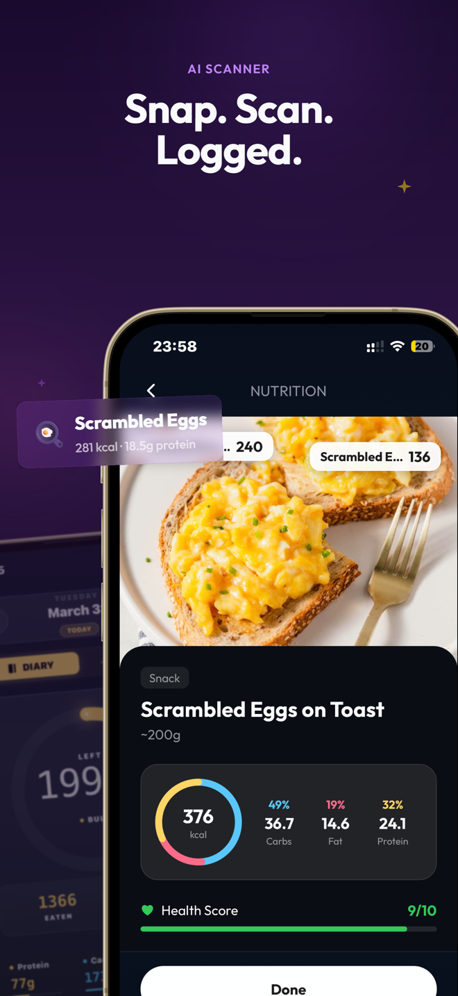 Prime Progression AI Food Scanner auto-identifying a meal with macros 376 kcal, 36g carbs, 14g fat, 24g protein