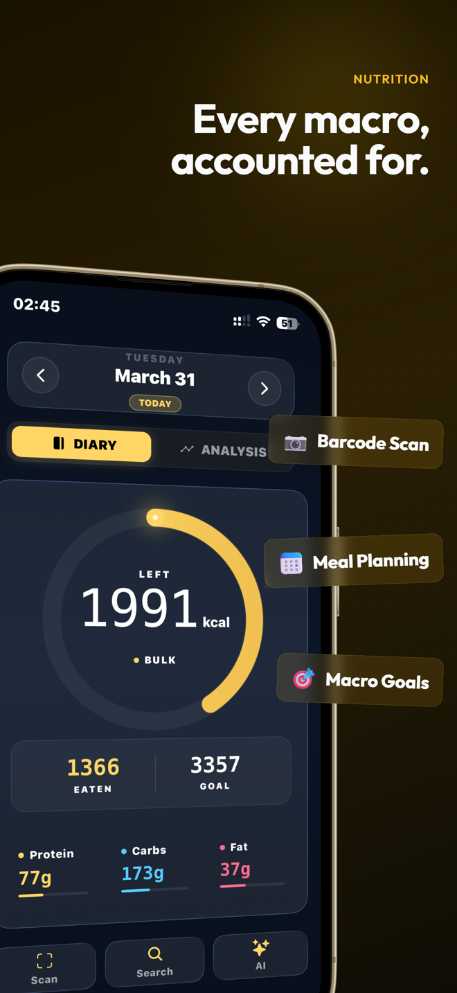 Nutrition diary with calorie ring and macro breakdown