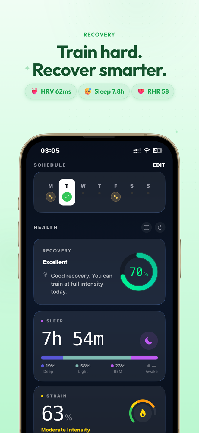 Prime Progression recovery screen showing 70% recovery score, HRV 62ms, Sleep 7 hours 54 minutes, RHR 58