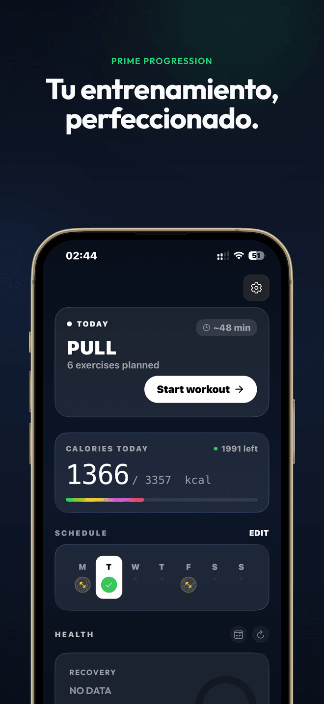 Panel: entrenamiento Pull de hoy, plan semanal, objetivo calórico, resumen de salud