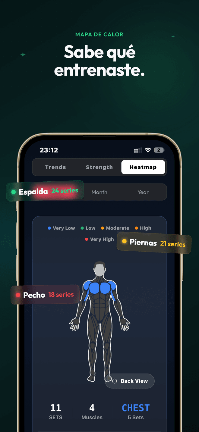 Mapa de calor de volumen sobre modelo corporal con series por músculo
