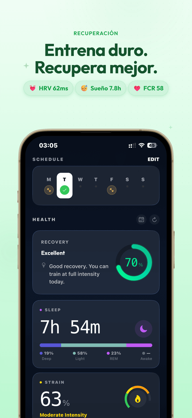 Pantalla de recuperación con score del 70%, VFC, sueño, frecuencia en reposo