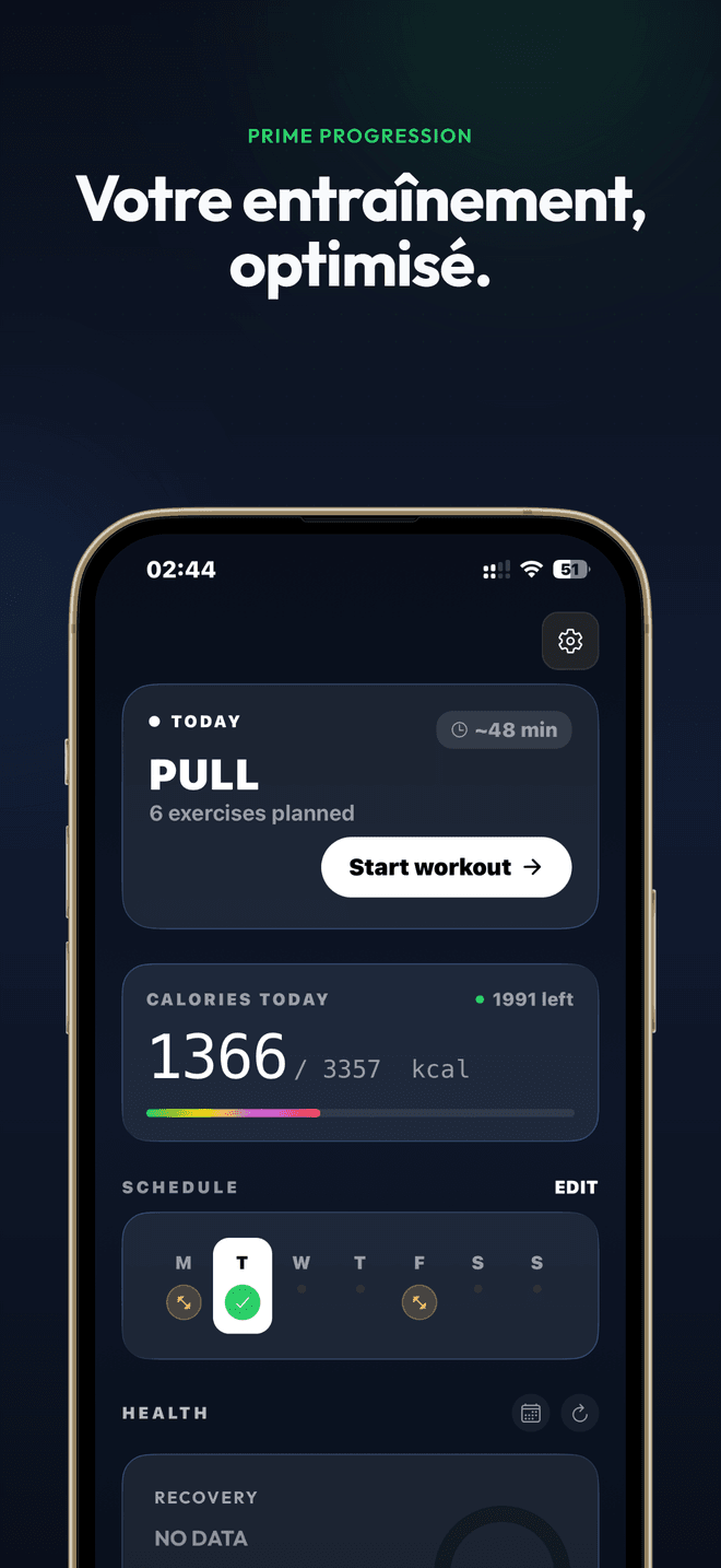 Tableau de bord Prime Progression avec entraînement du jour, suivi calorique, planning hebdomadaire et données de santé