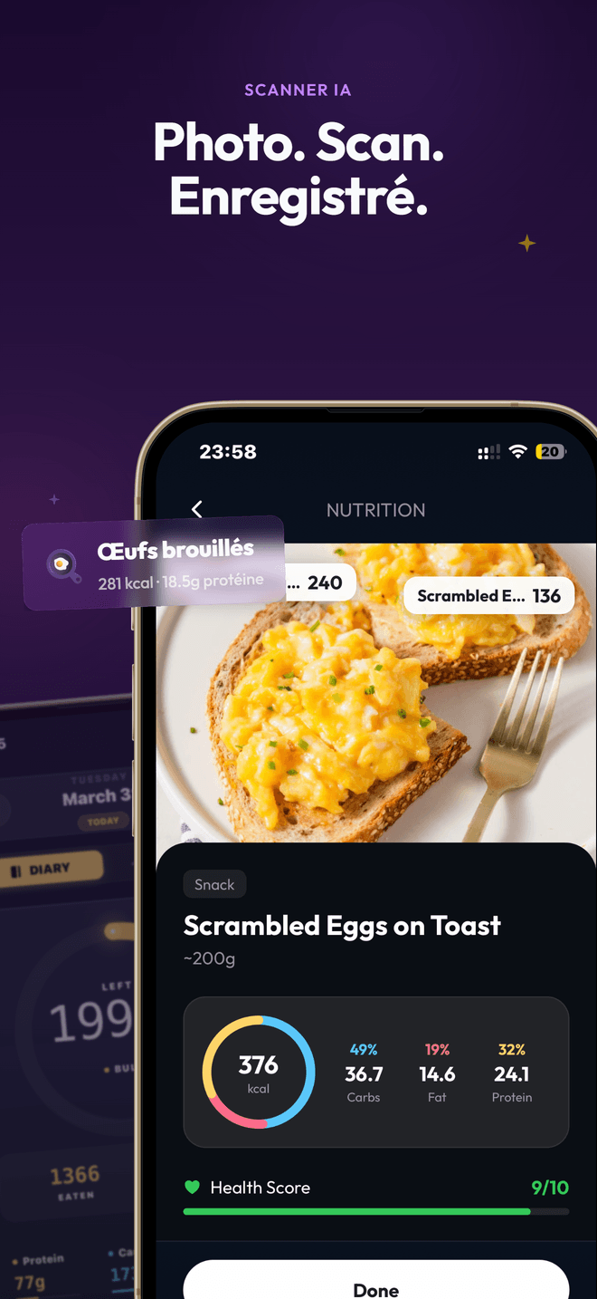 Scanner IA Prime Progression reconnaissant automatiquement un repas avec les macros
